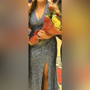 Formal long blue sequin dress, size 7